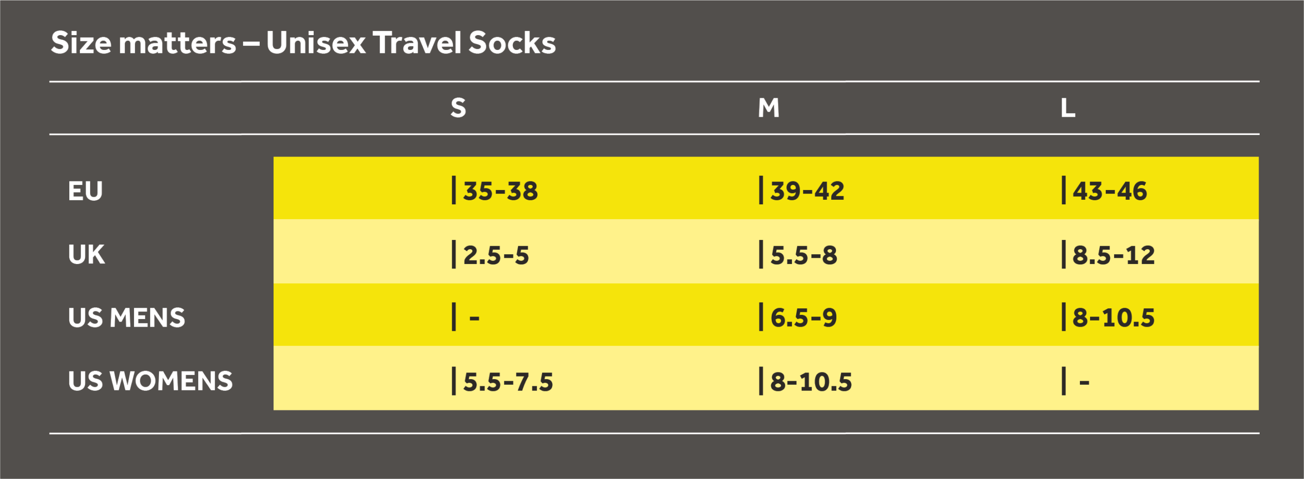 Unisex Travel Sock Size Chart Dark